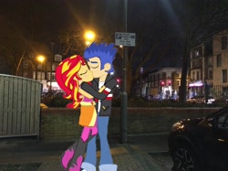 Size: 3256x2440 | Tagged: safe, artist:yungstuff, flash sentry, sunset shimmer, human, equestria girls, g4, equestria girls in real life, female, high res, irl, kiss on the lips, kissing, london, male, photo, ship:flashimmer, shipping, straight