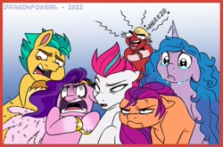 Size: 2303x1520 | Tagged: safe, artist:dragonfoxgirl, hitch trailblazer, izzy moonbow, pipp petals, sprout cloverleaf, sunny starscout, zipp storm, earth pony, pegasus, pony, unicorn, g5, my little pony: a new generation, my little pony: tell your tale, 2022, crying, do not want, drama, female, floppy ears, headband, laughing, laughing mad, male, mane five, mare, open mouth, revenge, sad hitch, sad izzy, sad pony, sprout joins the mane five, stallion, sunny starscout is not amused, tears of laughter, tell your tale drama, unamused, unshorn fetlocks, wheeze