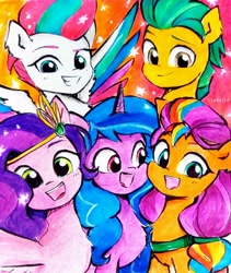 Size: 2038x2416 | Tagged: safe, artist:liaaqila, hitch trailblazer, izzy moonbow, pipp petals, sunny starscout, zipp storm, earth pony, pegasus, pony, unicorn, g5, my little pony: tell your tale, colored eyebrows, colored wings, colored wingtips, eyebrows, female, grin, group, high res, horn, hug, looking at someone, looking at you, male, mane five, mane stripe sunny, mare, multicolored wings, open mouth, open smile, quintet, royal sisters (g5), siblings, sisters, smiling, smiling at you, squishy cheeks, stallion, traditional art, wings