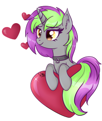 Size: 2084x2478 | Tagged: safe, artist:kitty_katastrophe, oc, oc only, oc:frenzy nuke, pony, unicorn, collar, heart, high res, simple background, solo, transparent background