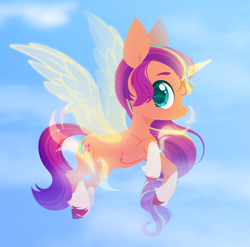 Size: 3000x2969 | Tagged: safe, artist:belka-sempai, sunny starscout, alicorn, pony, g5, my little pony: a new generation, alicornified, artificial horn, artificial wings, augmented, coat markings, colored hooves, cute, female, high res, horn, looking at you, looking sideways, magic, magic horn, magic wings, mane stripe sunny, mare, profile, race swap, side view, smiling, smiling at you, socks (coat markings), solo, sunnybetes, sunnycorn, unshorn fetlocks, wings