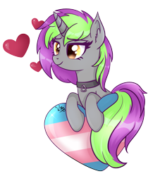 Size: 2084x2478 | Tagged: safe, artist:kitty_katastrophe, oc, oc only, oc:frenzy nuke, pony, unicorn, collar, female, heart, high res, mare, pride, pride flag, simple background, solo, transgender pride flag, transparent background