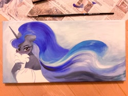 Size: 2048x1536 | Tagged: safe, artist:katputze, princess luna, alicorn, anthro, g4, clothes, female, flower, looking at you, mare, off shoulder, photo, solo, traditional art, wip
