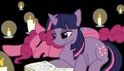 Size: 1193x687 | Tagged: safe, artist:ive-moved-bitches, pinkie pie, twilight sparkle, earth pony, pony, unicorn, g4, black background, book, candle, female, lesbian, lying down, ship:twinkie, shipping, simple background, sleeping, sleeping together, unicorn twilight