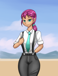 Size: 1300x1700 | Tagged: safe, artist:zachc, sunny starscout, equestria girls, g4, g5, my little pony: a new generation, anime, anime style, equestria girls-ified, female, g5 to equestria girls, g5 to g4, generation leap, looking at you, necktie, solo, suspenders