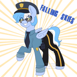 Size: 3102x3065 | Tagged: safe, artist:angie imagines, oc, oc only, oc:falling skies, pegasus, pony, abstract background, folded wings, freckles, high res, male, multicolored hair, necktie, pegasus oc, police hat, police officer, police uniform, rule 63, smug, solo, striped background, sunburst background, sunglasses, watermark, wings
