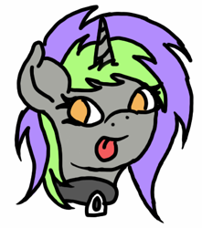 Size: 395x447 | Tagged: safe, artist:flutternom, oc, oc only, oc:frenzy nuke, pony, unicorn, collar, simple background, solo, tongue out, white background