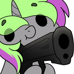 Size: 700x700 | Tagged: safe, artist:cottonsweets, oc, oc only, oc:frenzy nuke, pony, unicorn, dot eyes, gun, simple background, solo, transparent background, weapon
