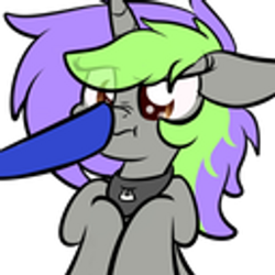 Size: 512x512 | Tagged: artist needed, safe, oc, oc only, oc:frenzy nuke, pony, unicorn, boop, collar, scrunchy face, simple background, transparent background