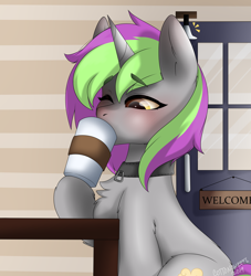 Size: 2000x2200 | Tagged: safe, artist:cottonsweets, oc, oc only, oc:frenzy nuke, pony, unicorn, blushing, chocolate, collar, drink, drinking, food, high res, horn, hot chocolate, looking down, one eye closed, sitting, unicorn oc