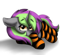 Size: 2300x2000 | Tagged: artist needed, safe, oc, oc only, oc:frenzy nuke, pony, unicorn, clothes, high res, looking at you, lying down, simple background, socks, solo, striped socks, transparent background