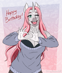 Size: 2600x3050 | Tagged: safe, artist:hasana-chan, oc, oc only, oc:rosie quartz, unicorn, anthro, unguligrade anthro, anthro oc, big breasts, breasts, cleavage, clothes, coat markings, commission, curved horn, digital art, facial markings, female, gift art, happy birthday, heart hands, high res, horn, mare, one eye closed, shoulderless, smiling, snip (coat marking), unicorn oc, wink