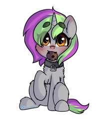Size: 1000x1150 | Tagged: safe, artist:cottonsweets, oc, oc only, oc:frenzy nuke, pony, unicorn, blushing, collar, cookie, food, simple background, solo, transparent background