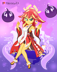 Size: 1594x2004 | Tagged: safe, artist:tabrony23, sunset shimmer, equestria girls, g4, beautiful, breasts, busty sunset shimmer, clothes, cosplay, costume, crossover, cute, female, genshin impact, lidded eyes, looking at you, patreon, patreon logo, sandals, shoes, show accurate, sleeveless, slimes (genshin impact), smiling, solo, video game crossover, yae miko (genshin impact)