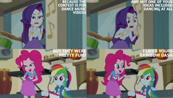 Size: 1280x720 | Tagged: safe, edit, edited screencap, editor:quoterific, screencap, pinkie pie, rainbow dash, rarity, dance magic, equestria girls, equestria girls specials, g4, bracelet, clothes, cutie mark on clothes, female, hairpin, jewelry, open mouth, open smile, smiling, trio