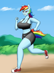 Size: 1400x1900 | Tagged: safe, artist:zachc, rainbow dash, pegasus, anthro, g4, belly button, big breasts, breasts, busty rainbow dash, clothes, converse, female, midriff, running, shoes, shorts, sneakers, solo, sports bra, sports shorts, sweat, tank top