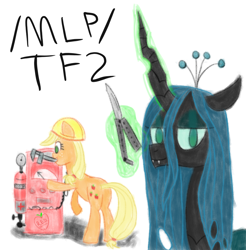 Size: 1000x1016 | Tagged: safe, artist:purppone, applejack, queen chrysalis, earth pony, pony, g4, /mlp/, /mlp/ tf2 general, butt, butterfly knife, dispenser, engiejack, engineer, engineer (tf2), female, imminent death, knife, levitation, magic, mare, mouth hold, plot, spy, spy (tf2), team fortress 2, telekinesis, wrench