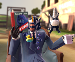 Size: 1500x1229 | Tagged: safe, princess luna, g4, /mlp/, /mlp/ tf2 general, 3d, balloon, balloonicorn, chair, cup, marevest, sitting, spy, spy (tf2), team fortress 2