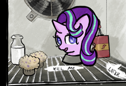 Size: 1969x1354 | Tagged: artist needed, safe, starlight glimmer, pony, g4, /mlp/ tf2 general, dialogue, disembodied head, food, meet the medic, milk, muffin, refrigerator, spy, spy (tf2), team fortress 2