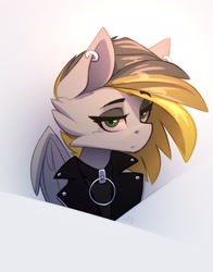 Size: 2370x3025 | Tagged: safe, artist:n_thing, oc, oc only, oc:tlen borowski, pegasus, pony, black eyeshadow, bust, cheek fluff, clothes, collar, collar ring, ear piercing, earring, eyebrow slit, eyebrows, eyebrows visible through hair, eyelashes, eyeshadow, female, high res, jacket, jewelry, leather jacket, looking at you, makeup, mare, pegasus oc, piercing, solo, two toned mane, wings