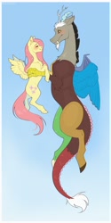 Size: 2000x4000 | Tagged: safe, artist:shchavel, discord, fluttershy, draconequus, pegasus, pony, g4, blue background, blushing, chest fluff, commission, duo, ear fluff, eyes closed, female, flying, gradient background, height difference, high res, holding a pony, looking at each other, looking at someone, male, mare, simple background, size difference, slender, small wings, smiling, sternocleidomastoid, thin, wings