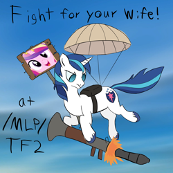 Size: 1000x1000 | Tagged: safe, artist:purppone, princess cadance, shining armor, pony, unicorn, g4, /mlp/, /mlp/ tf2 general, conscientious objector, parachute, rocket, rocket launcher, soldier, soldier (tf2), solo, team fortress 2