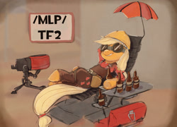 Size: 2928x2103 | Tagged: artist needed, safe, applejack, earth pony, pony, g4, /mlp/, /mlp/ tf2 general, engiejack, engineer, engineer (tf2), female, goggles, high res, mare, rancho relaxo, relaxing, sentry, team fortress 2
