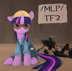 Size: 1410x1391 | Tagged: artist needed, safe, twilight sparkle, pony, unicorn, g4, /mlp/, /mlp/ tf2 general, crossover, engineer, engineer (tf2), female, goggles, mare, sentry, team fortress 2, unicorn twilight