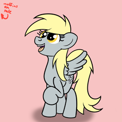 Size: 2000x2000 | Tagged: safe, artist:dafiltafish, derpy hooves, pegasus, pony, g4, female, food, high res, hooves, mare, muffin, open mouth, open smile, pink background, raised hoof, shadow, simple background, smiling, solo, spread wings, tail, three quarter view, wings