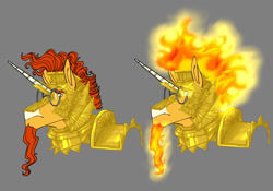 Size: 1280x898 | Tagged: safe, artist:d3pressedr4inbow, sunburst, pony, unicorn, g4, armor, bust, glasses, gray background, helmet, male, mane of fire, simple background, solo, stallion