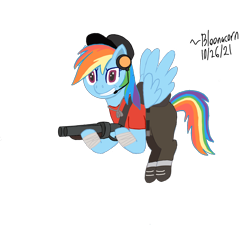 Size: 2000x1800 | Tagged: safe, artist:bloonacorn, rainbow dash, pegasus, pony, g4, /mlp/ tf2 general, crossover, female, gun, mare, rainbow scout, scattergun, scout (tf2), simple background, solo, team fortress 2, transparent background