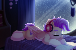 Size: 2000x1320 | Tagged: safe, artist:dinoalpaka, oc, oc only, oc:bulwark, pegasus, pony, book, coat markings, colored wings, commission, dreamcatcher, eyes closed, female, headphones, lying, mare, night, pale belly, rain, short mane, short tail, socks (coat markings), solo, tail, two toned wings, window, wings