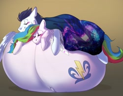 Size: 2560x1995 | Tagged: safe, artist:lainystar, soarin', oc, oc:unya, pegasus, pony, g4, belly, belly bed, big belly, eyes closed, huge belly, hyper, hyper belly, hyper pregnancy, impossibly large belly, male, male pregnancy, paternity mark, pregnant, sleeping