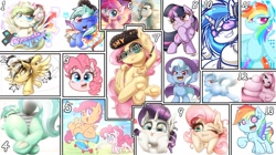Size: 1920x1079 | Tagged: safe, artist:phoenixrk49, dj pon-3, fluttershy, lyra heartstrings, pinkie pie, rainbow dash, rarity, scootaloo, trixie, twilight sparkle, vinyl scratch, oc, butterfly, earth pony, pegasus, pony, unicorn, g4, arrow, butt, cape, clothes, emanata, eye clipping through hair, eyebrows, eyebrows visible through hair, flower, flower in hair, glasses, hat, headphones, heart, hoof on cheek, jewelry, looking at you, necklace, numbers, one eye closed, pinkamena diane pie, plot, scooter, signature, spread wings, stars, trixie's cape, trixie's hat, unicorn twilight, vinyl's glasses, wings, wink, winking at you