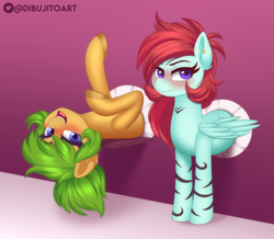 Size: 3420x2982 | Tagged: safe, artist:dibujito, oc, oc only, oc:oasis, pegasus, pony, body markings, duo, female, full body glory hole, glory hole, high res, indoors, looking at you, lying down, mare, on back, ponytail, standing, through wall, unamused