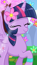 Size: 1080x1920 | Tagged: safe, artist:sallyso, twilight sparkle, alicorn, pony, g4, eyelashes, eyes closed, female, flower, flower in hair, mare, outdoors, smiling, twilight sparkle (alicorn)