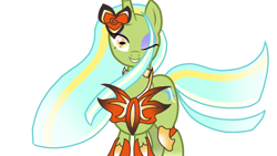 Size: 1280x720 | Tagged: safe, artist:sallyso, oc, oc only, pony, unicorn, armor, female, grin, horn, mare, one eye closed, smiling, solo, unicorn oc, wink