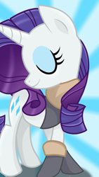 Size: 1080x1920 | Tagged: safe, artist:sallyso, rarity, pony, unicorn, g4, clothes, eyes closed, female, looking back, mare, smiling, solo, sunburst background