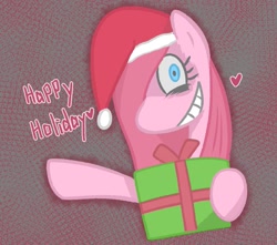 Size: 1211x1071 | Tagged: safe, artist:garammasara, pinkie pie, earth pony, pony, g4, bust, christmas, emanata, female, gritted teeth, hair over one eye, happy holidays, hat, heart, holiday, looking at you, mare, pinkamena diane pie, present, santa hat, smiling, smiling at you, solo