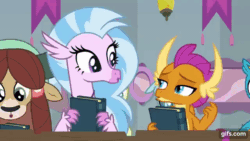 Size: 640x360 | Tagged: safe, screencap, gallus, ocellus, pinkie pie, sandbar, silverstream, smolder, yona, changeling, dragon, earth pony, griffon, hippogriff, pony, yak, g4, school daze, season 8, animated, book, confetti, dragoness, eyes closed, female, gif, gifs.com, male, mare, mawshot, nose in the air, open mouth, open smile, school of friendship, smiling, stallion, student six, uvula, volumetric mouth