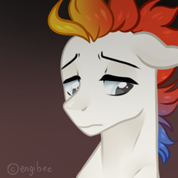 Size: 500x500 | Tagged: safe, artist:kaikururu, oc, oc only, pony, bust, frown, male, multicolored hair, rainbow hair, solo, stallion
