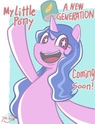 Size: 1000x1299 | Tagged: safe, artist:garammasara, izzy moonbow, pony, unicorn, g5, my little pony: a new generation, beans, bust, female, food, izzy's beans, looking at you, mare, open mouth, open smile, signature, smiling, smiling at you, solo, starry eyes, text, title drop, wingding eyes