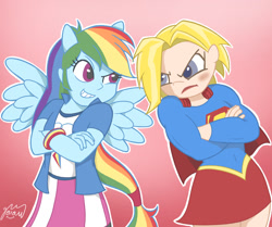 Size: 1196x1000 | Tagged: safe, artist:garammasara, rainbow dash, human, equestria girls, g4, bust, crossed arms, crossover, dc superhero girls, duo, female, four ears, gradient background, looking at each other, looking at someone, mare, ponied up, signature, supergirl, wings