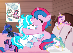 Size: 1200x865 | Tagged: safe, artist:jennieoo, princess cadance, princess celestia, princess luna, twilight sparkle, oc, oc:crystal hooves, oc:star sparkle, pony, unicorn, g4, bed, cuddling, drawing, happy, hug, pillow, poster, show accurate, smiling, vector