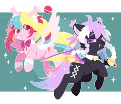 Size: 900x773 | Tagged: safe, artist:snow angel, oc, oc only, oc:planet letty, bat pony, pegasus, pony, bowtie, duo, female, heart, looking at you, mare, necktie, open mouth, saturn, sparkles, spread wings, starry eyes, stars, wingding eyes, wings
