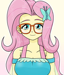 Size: 640x740 | Tagged: safe, artist:batipin, fluttershy, equestria girls, g4, breasts, cleavage, cute, female, glasses, looking at you, shyabetes, solo