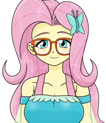Size: 640x740 | Tagged: safe, artist:batipin, fluttershy, equestria girls, g4, breasts, cleavage, cute, female, glasses, looking at you, shyabetes, simple background, solo, transparent background