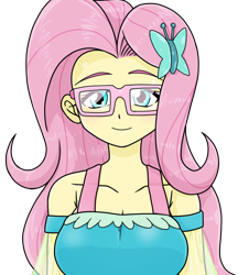 Size: 640x740 | Tagged: safe, alternate version, artist:batipin, fluttershy, equestria girls, g4, breasts, cleavage, cute, female, glasses, looking at you, shyabetes, simple background, solo, transparent background