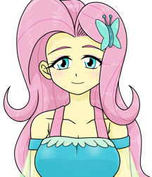 Size: 640x740 | Tagged: safe, alternate version, artist:batipin, fluttershy, human, equestria girls, g4, breasts, cleavage, cute, female, looking at you, shyabetes, simple background, solo, transparent background