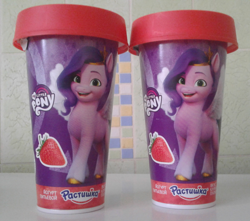 Size: 1632x1440 | Tagged: safe, pipp petals, pegasus, pony, g5, my little pony: a new generation, official, cup, cyrillic, food, irl, looking at you, merchandise, photo, rastishka, russia, russian, spread wings, strawberry, wings, yoghurt